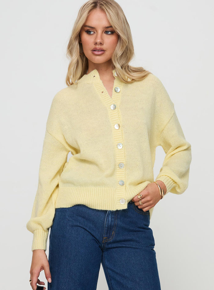front view of model wearing Princess Polly Sunbeam Cardigan Yellow Long