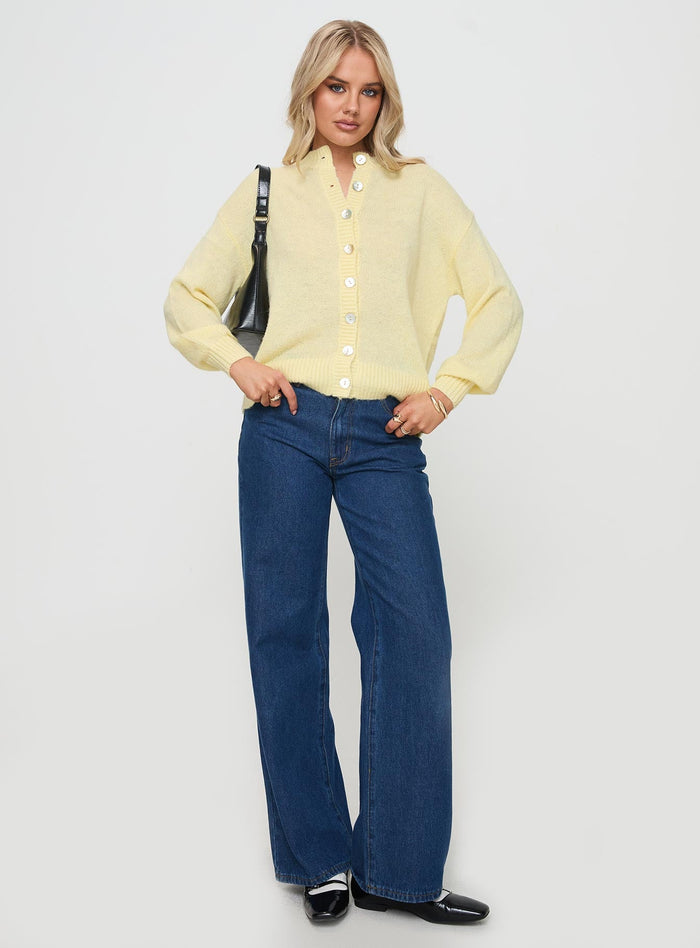 front view of model wearing Princess Polly Sunbeam Cardigan Yellow Long