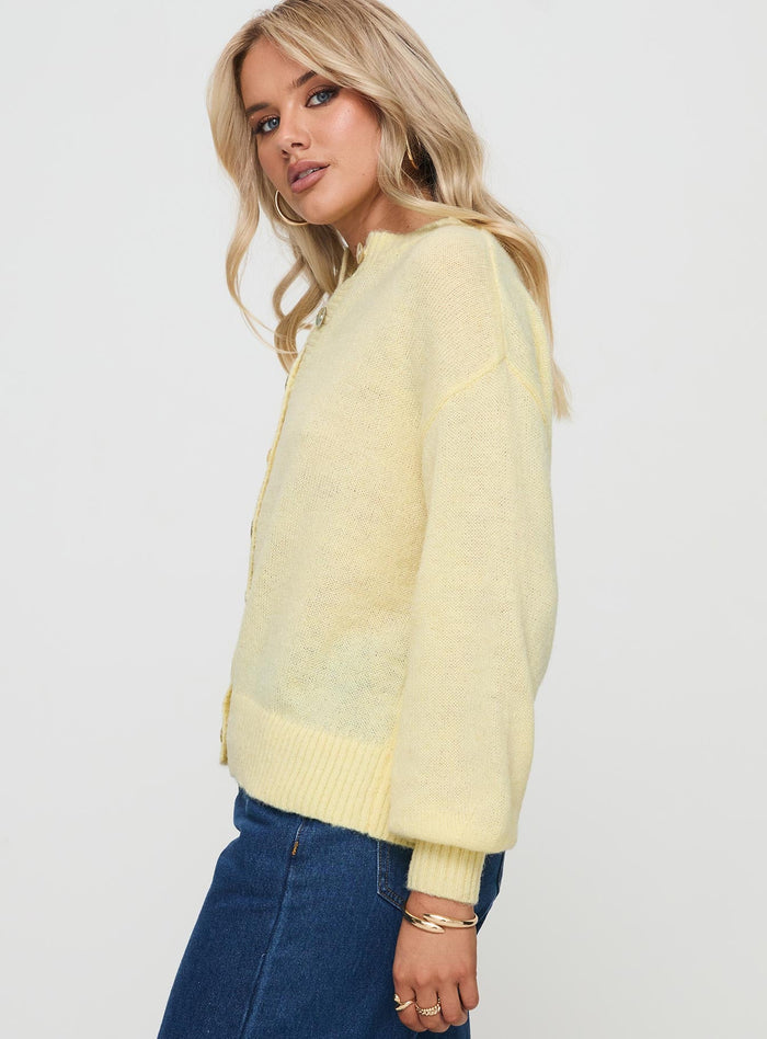 side view of model wearing Princess Polly Sunbeam Cardigan Yellow Long