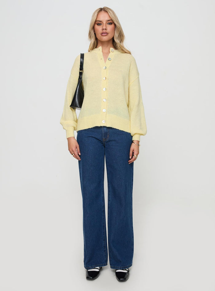 back view of model wearing Princess Polly Sunbeam Cardigan Yellow Long
