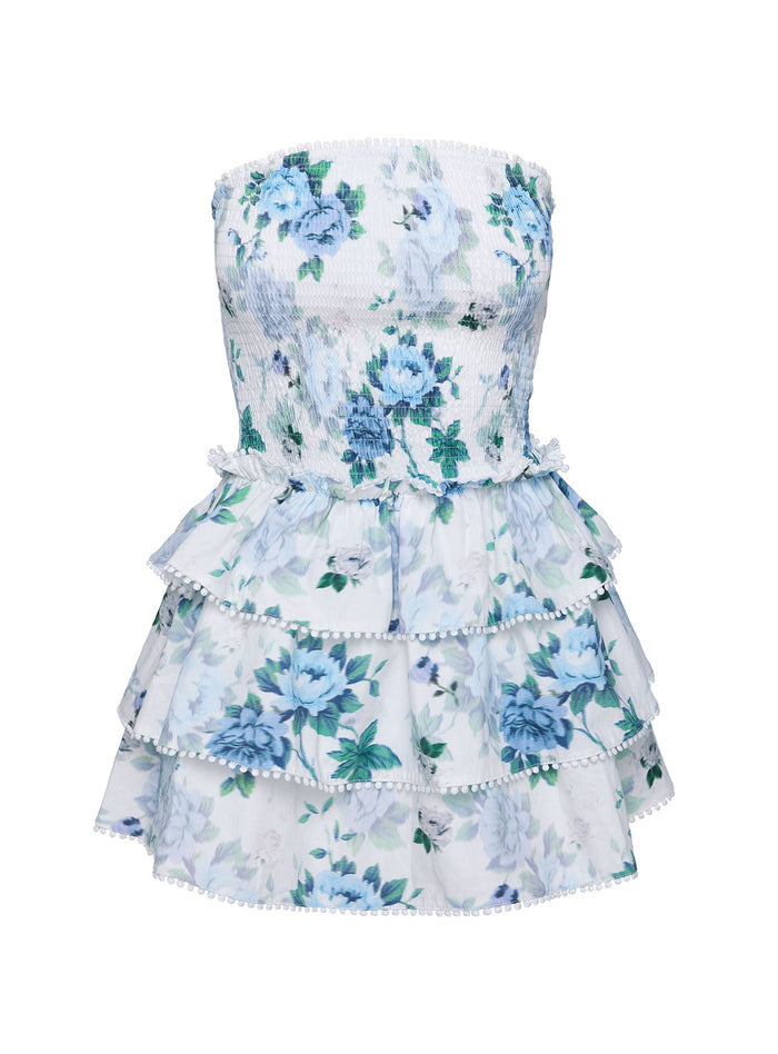 product Princess Polly Sunkiss Frill Mini Dress White / Blue Straight Neck