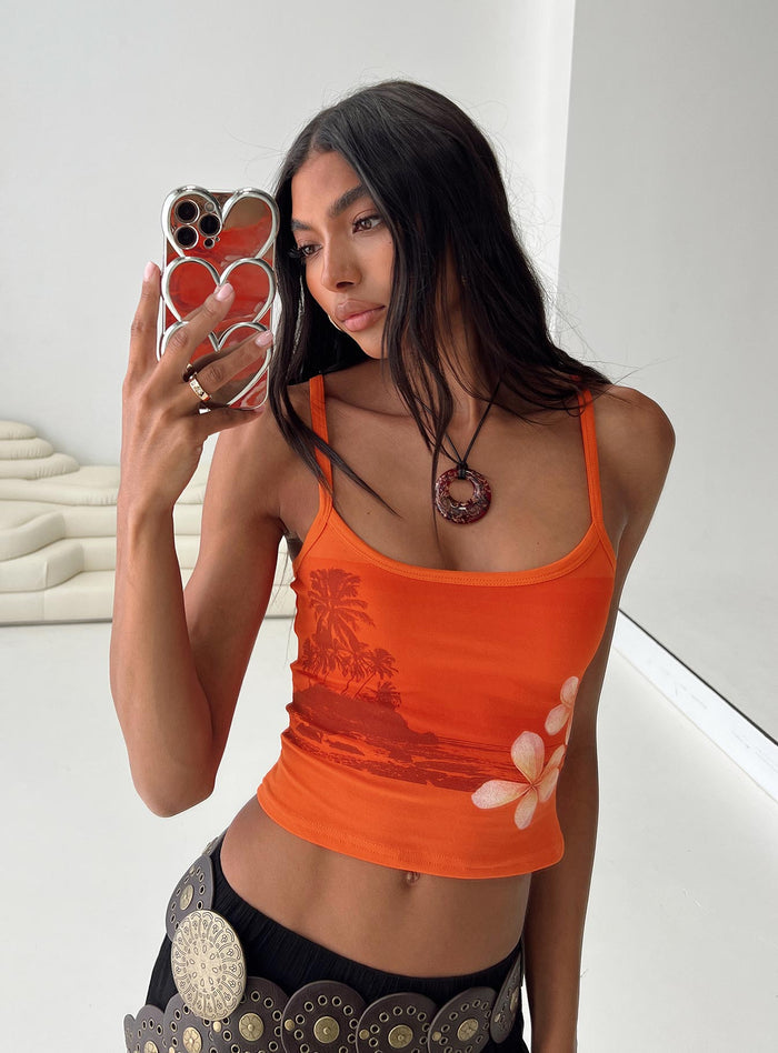 side view of model wearing Princess Polly Sunset Tank Orange Sleeveless Square Neck