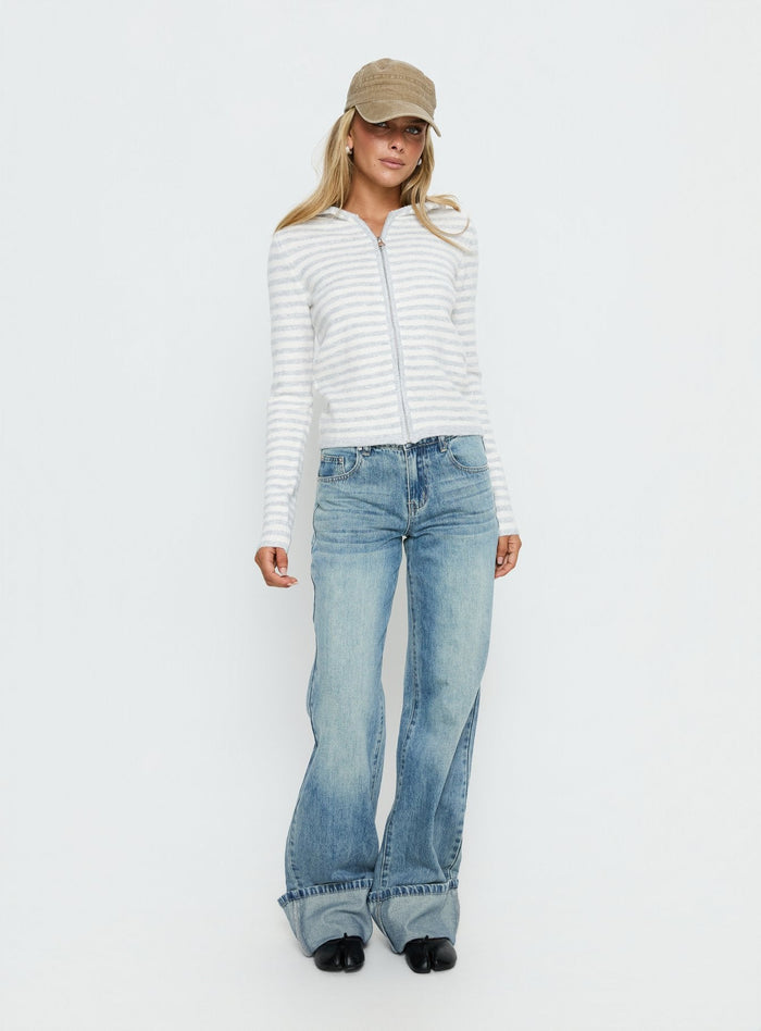 back view of model wearing Princess Polly Superstars Zip Through Hoodie Grey / Cream Stripe