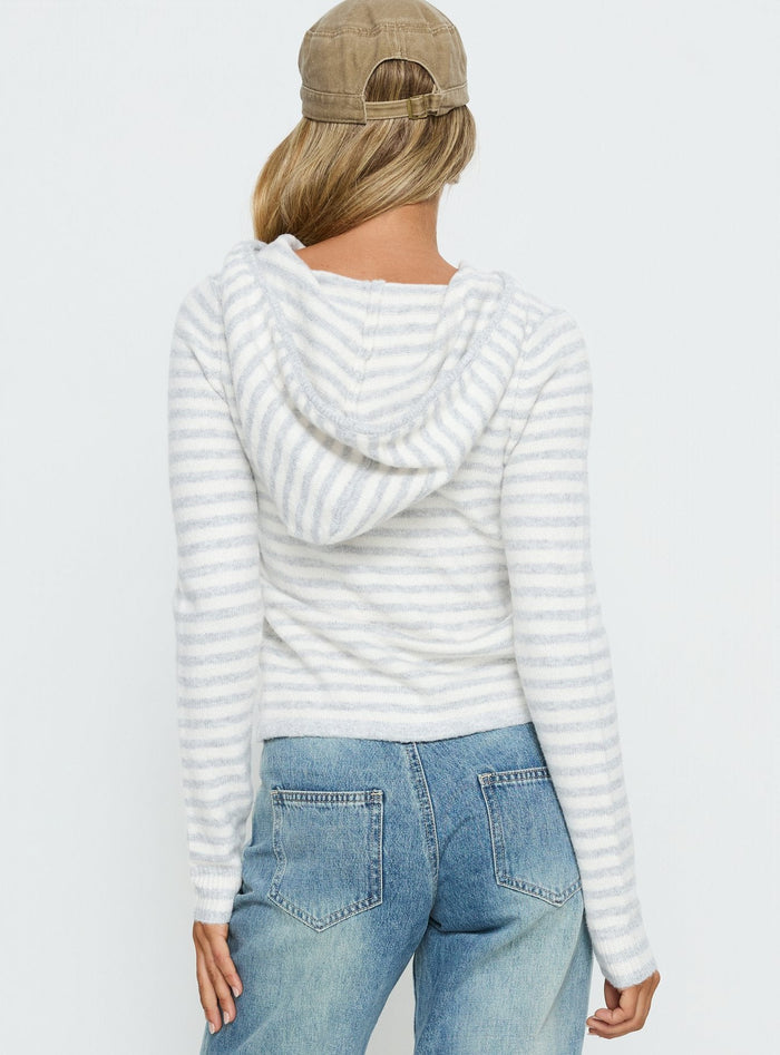 back view of model wearing Princess Polly Superstars Zip Through Hoodie Grey / Cream Stripe