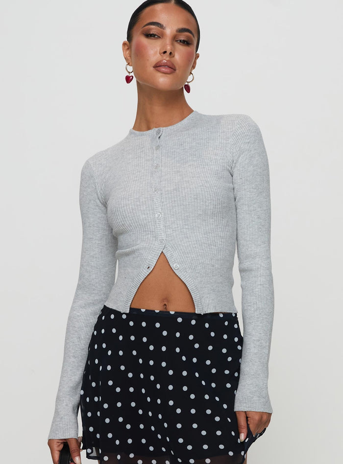 front view of model wearing Princess Polly Suzu Long Sleeve Top Grey Full Sleeves High Neck