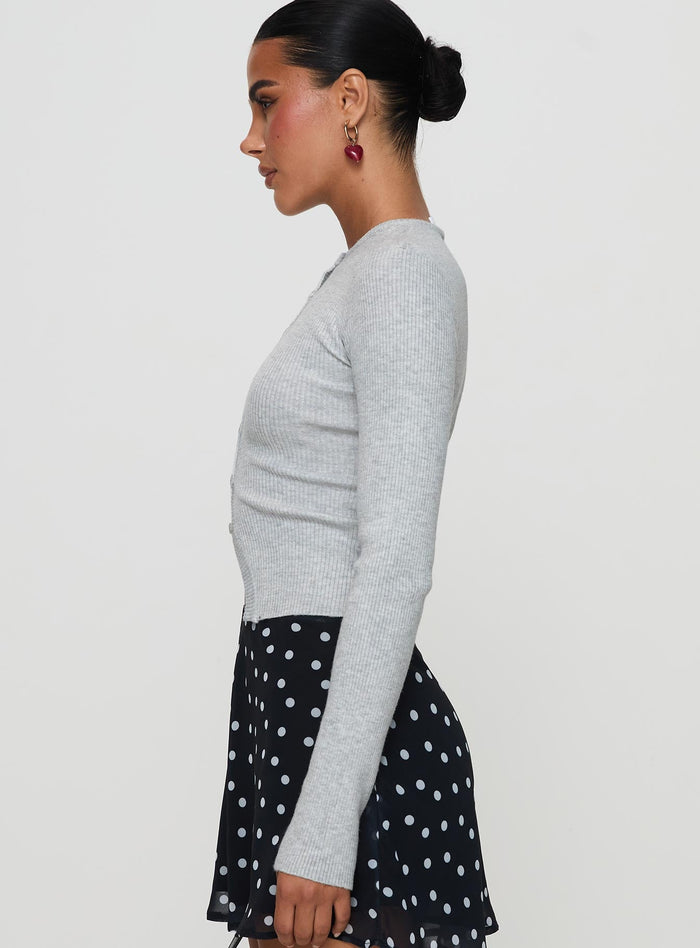 side view of model wearing Princess Polly Suzu Long Sleeve Top Grey Full Sleeves High Neck