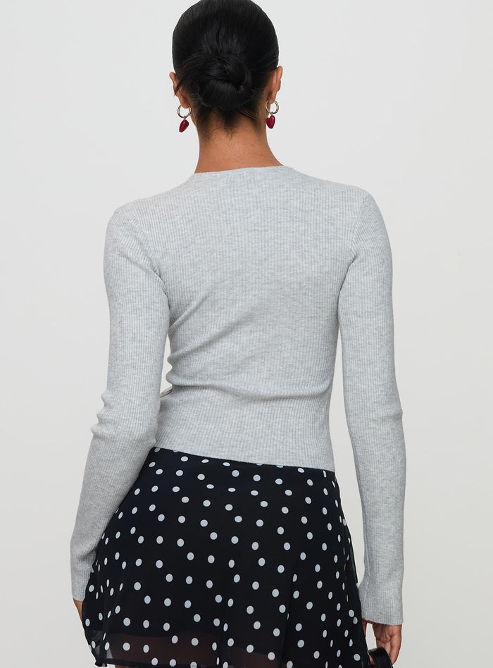 back view of model wearing Princess Polly Suzu Long Sleeve Top Grey Full Sleeves High Neck
