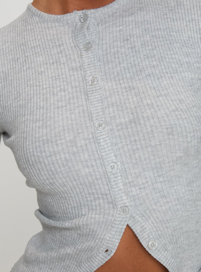 side view of model wearing Princess Polly Suzu Long Sleeve Top Grey Full Sleeves High Neck
