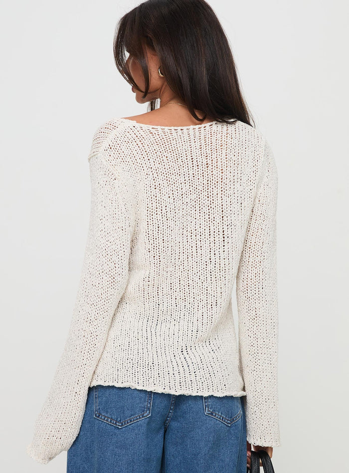 back view of model wearing Princess Polly Swain Knit Cardigan Cream Cropped