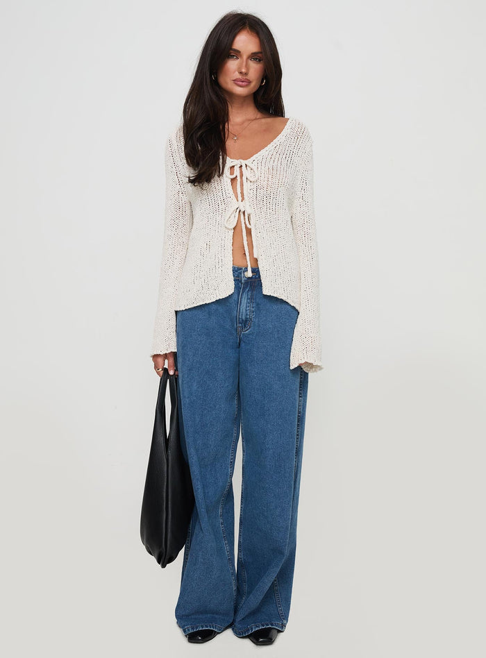 front view of model wearing Princess Polly Swain Knit Cardigan Cream Cropped