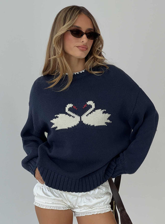 front view of model wearing Princess Polly Swan Lake Love Knit Sweater Navy Longline Jumpers