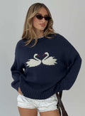 front view of model wearing Princess Polly Swan Lake Love Knit Sweater Navy Longline Jumpers
