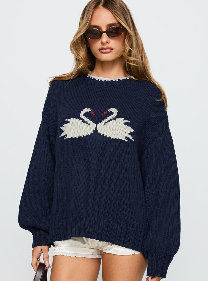 front view of model wearing Princess Polly Swan Lake Love Knit Sweater Navy Longline Jumpers