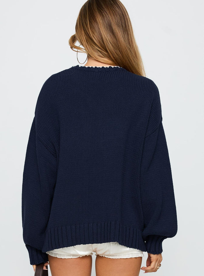 back view of model wearing Princess Polly Swan Lake Love Knit Sweater Navy Longline Jumpers