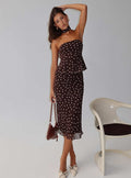 side view of model wearing Princess Polly Sydni Midi Bias Cut Skirt Chocolate / Pink Polka Midi Skirts Skirts