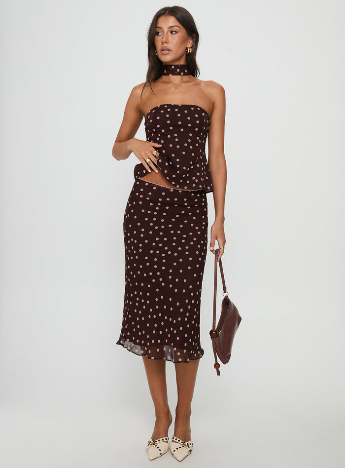front view of model wearing Princess Polly Sydni Midi Bias Cut Skirt Chocolate / Pink Polka Midi Skirts Skirts