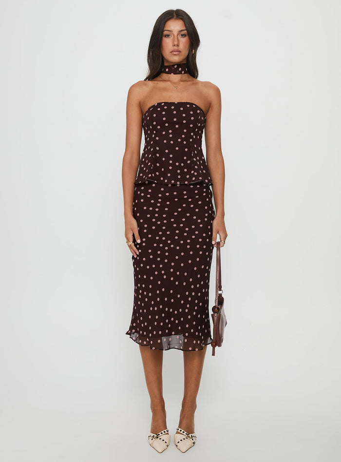 front view of model wearing Princess Polly Sydni Midi Bias Cut Skirt Chocolate / Pink Polka Midi Skirts Skirts