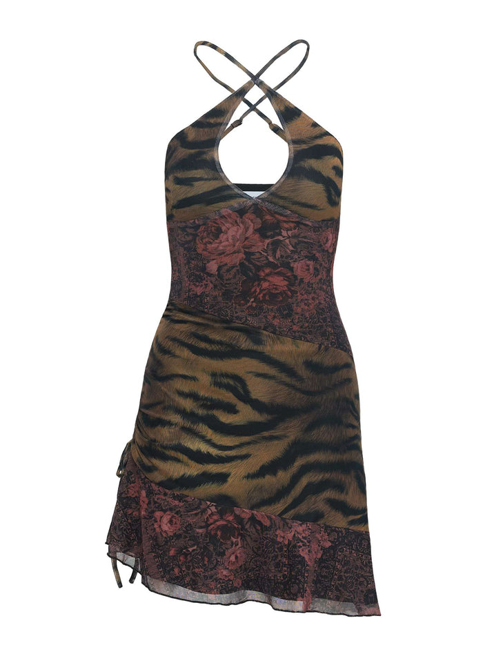 back view of model wearing Princess Polly Syrefena Halter Mini Dress Multi Plunger
