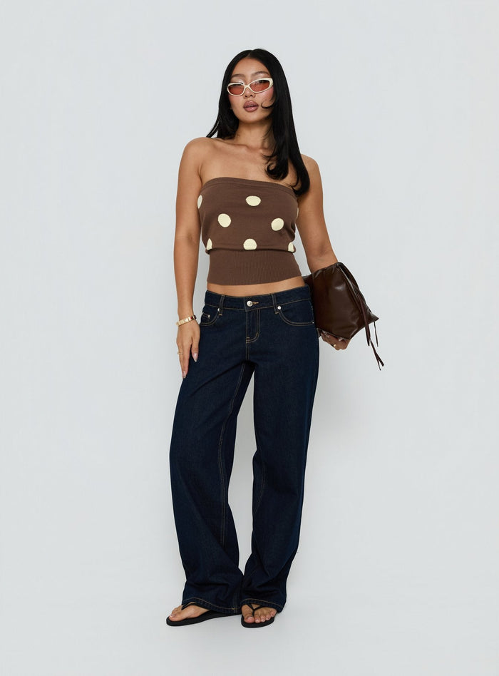 Tahlie Cinched Strapless Knit Top Brown Polka Dot