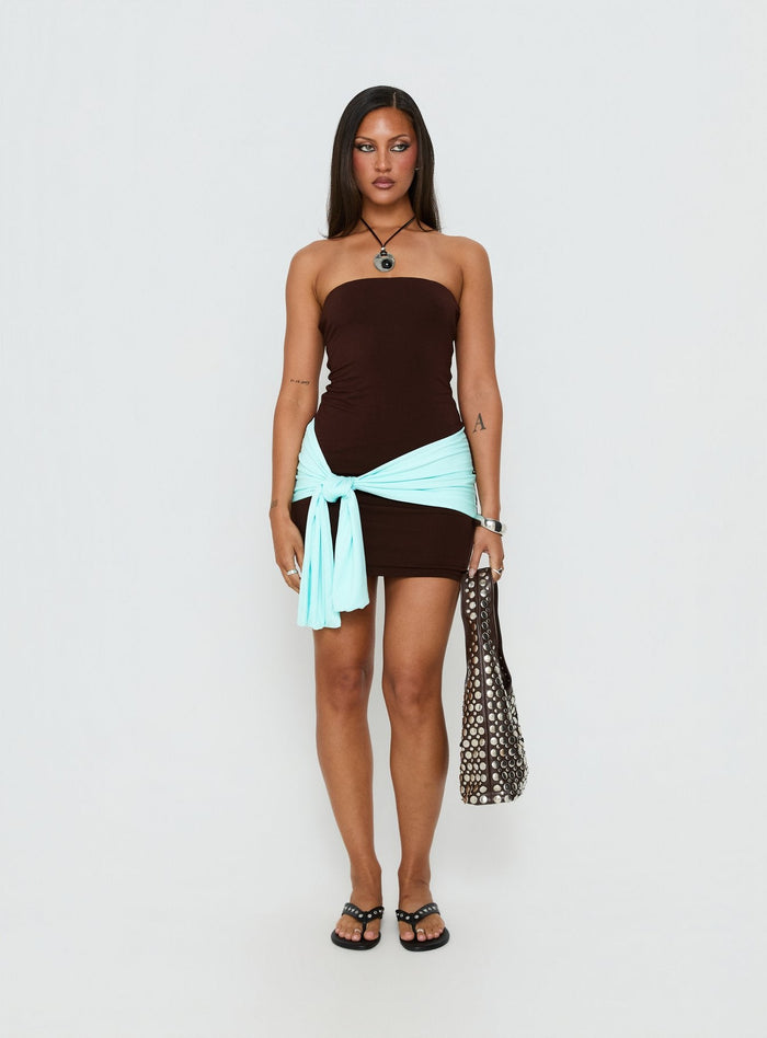 Teeah Strapless Tie Detail Contrast Mini Dress Brown / Blue