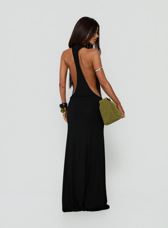Think About Me Plunge Neck Racerback Maxi Dress Black