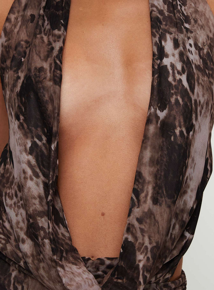 back view of model wearing Princess Polly Tigress Halter Mini Dress Multi Plunger