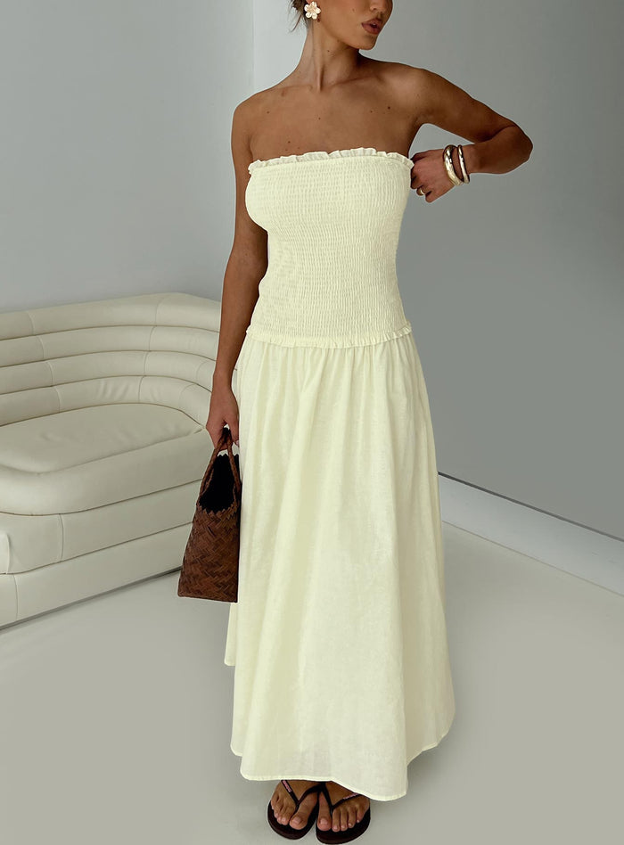front view of model wearing Princess Polly Tinsie Strapless Maxi Dress Yellow Straight Neck