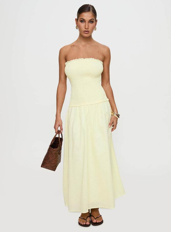 front view of model wearing Princess Polly Tinsie Strapless Maxi Dress Yellow Straight Neck