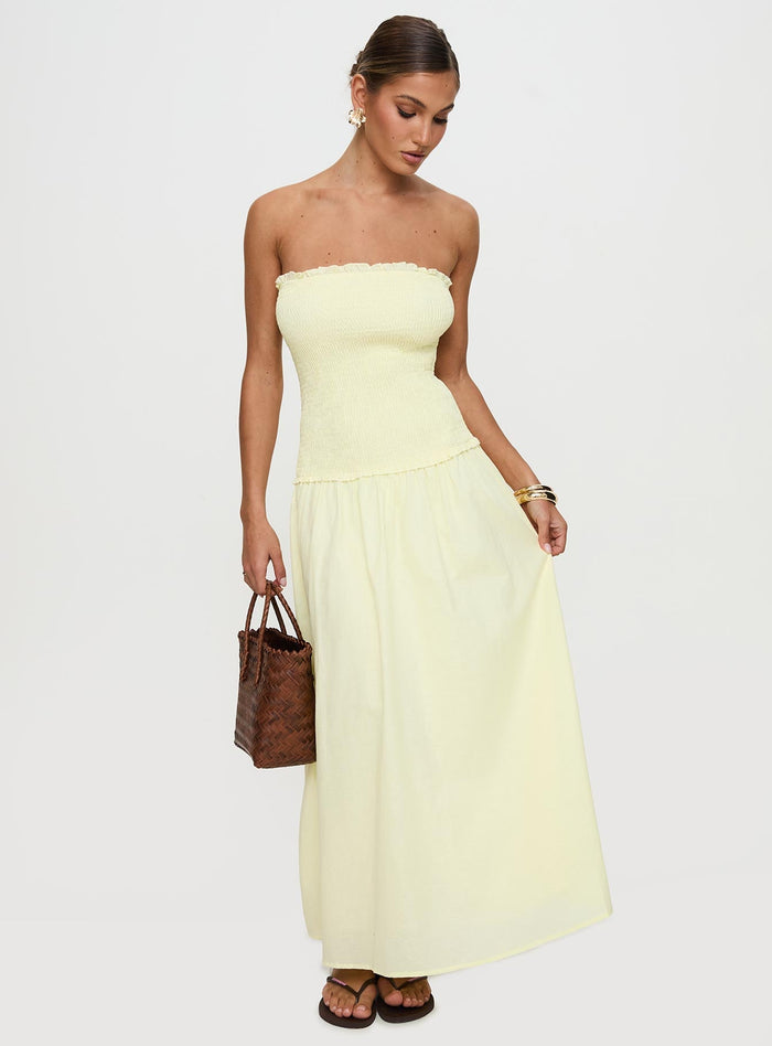 back view of model wearing Princess Polly Tinsie Strapless Maxi Dress Yellow Straight Neck