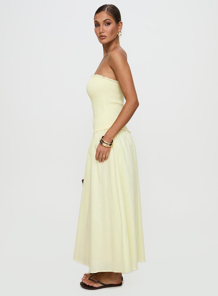 side view of model wearing Princess Polly Tinsie Strapless Maxi Dress Yellow Straight Neck