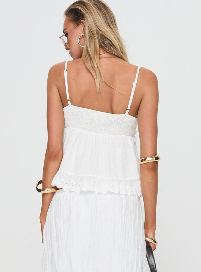 back view of model wearing Princess Polly To Ones Liking Top White Sleeveless Plunger