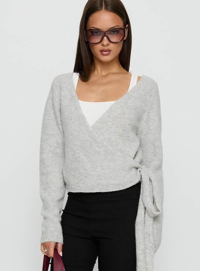 front view of model wearing Princess Polly Tonee Wrap Knit Cardigan Grey Cropped Jumpers