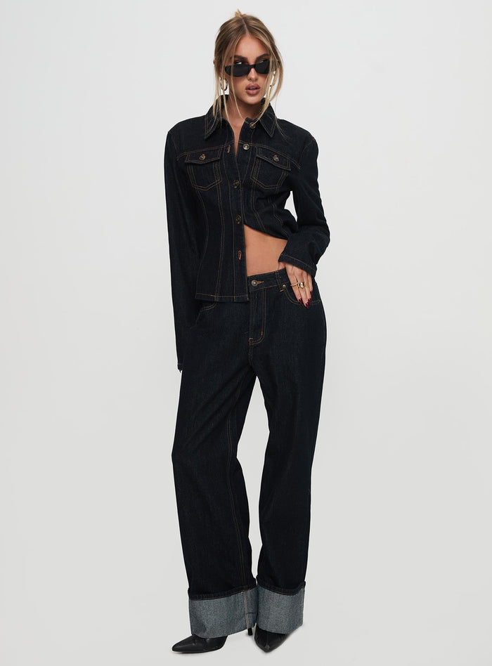front view of model wearing Princess Polly Top Model Cuffed Jean Dark Denim Mid Rise