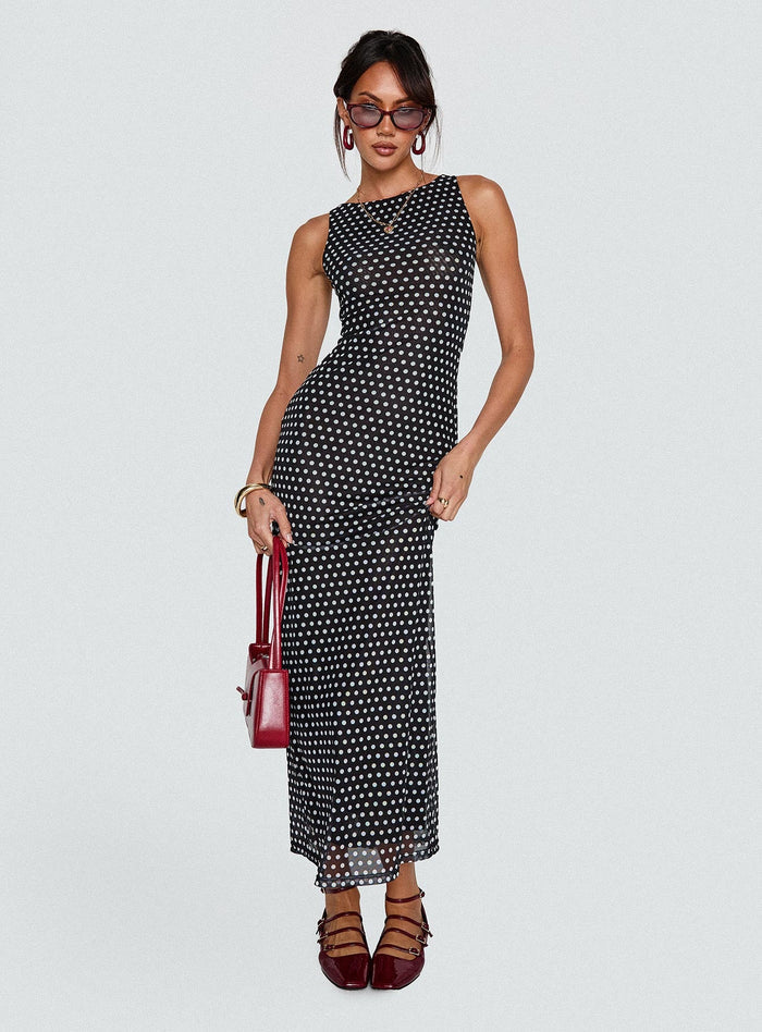 front view of model wearing Princess Polly Top Of Mind Maxi Dress Black Crew Neck