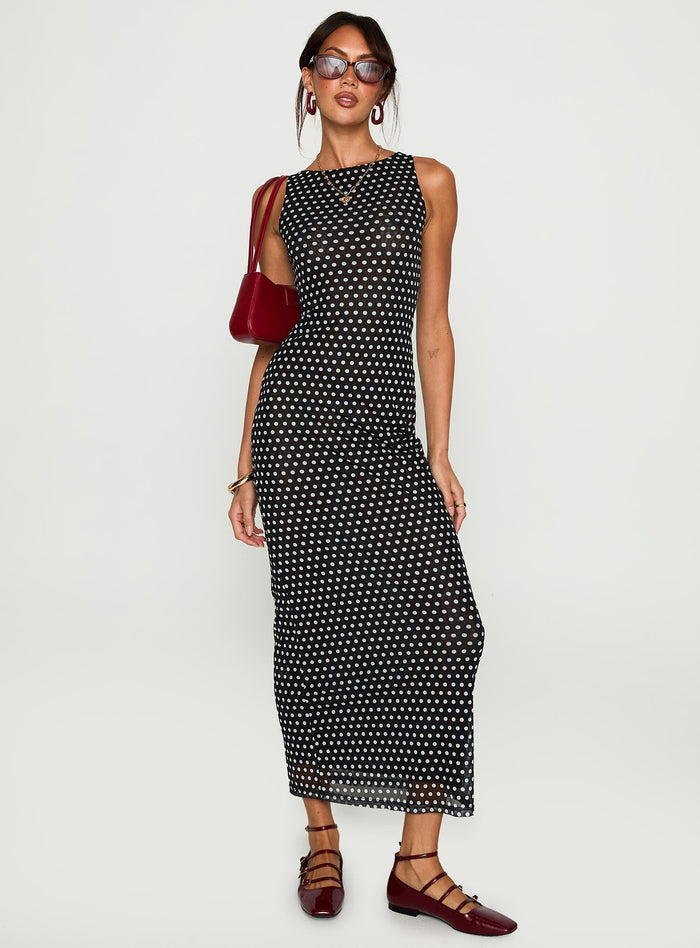front view of model wearing Princess Polly Top Of Mind Maxi Dress Black Crew Neck
