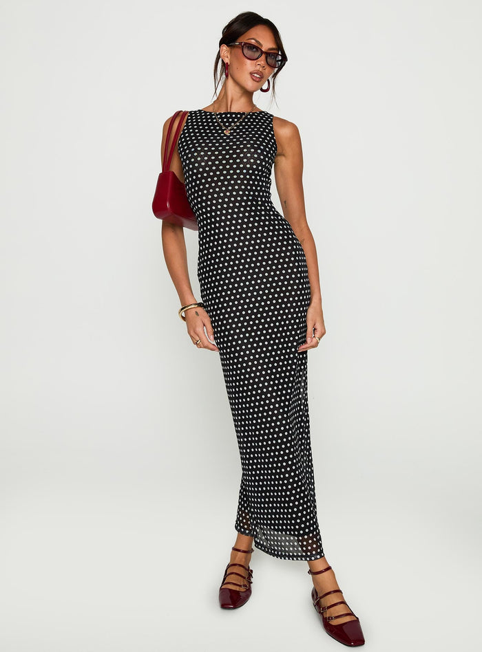 back view of model wearing Princess Polly Top Of Mind Maxi Dress Black Crew Neck