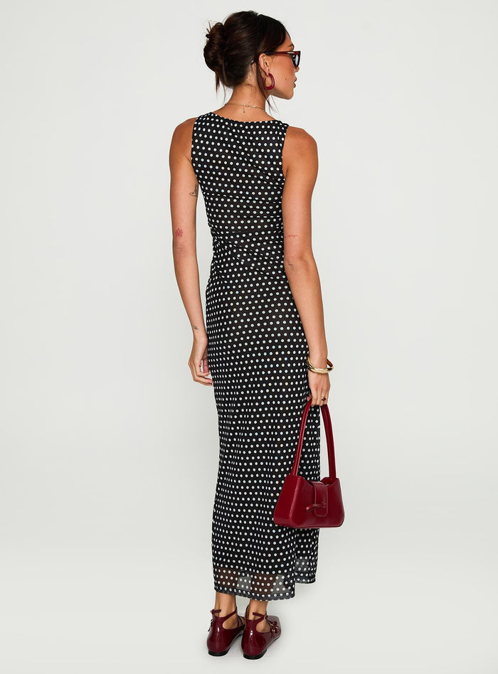 back view of model wearing Princess Polly Top Of Mind Maxi Dress Black Crew Neck