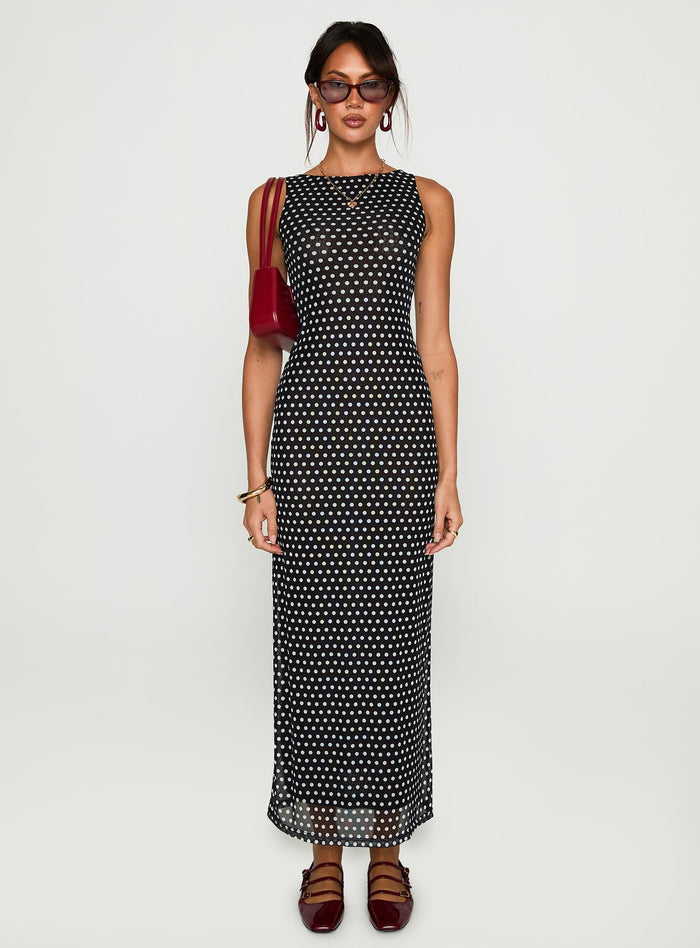 front view of model wearing Princess Polly Top Of Mind Maxi Dress Black Crew Neck