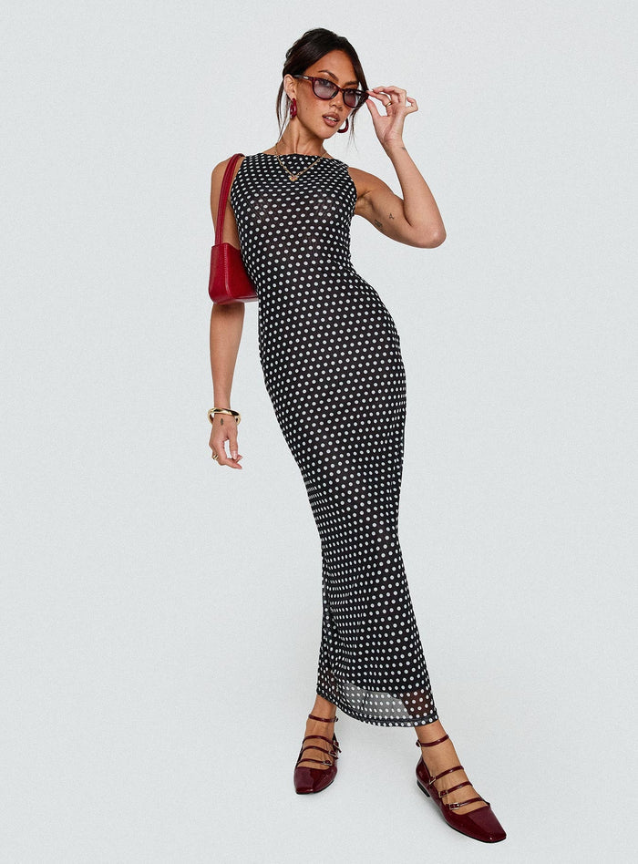 side view of model wearing Princess Polly Top Of Mind Maxi Dress Black Crew Neck