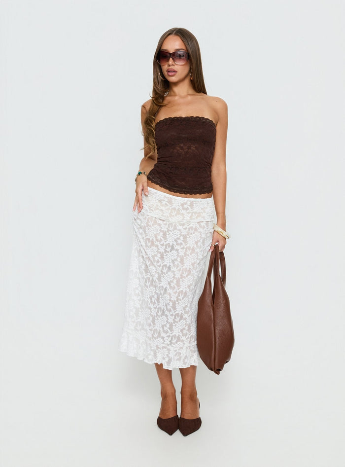 side view of model wearing Princess Polly Toscani Lace Frill Midi Skirt White Midi Skirts Skirts