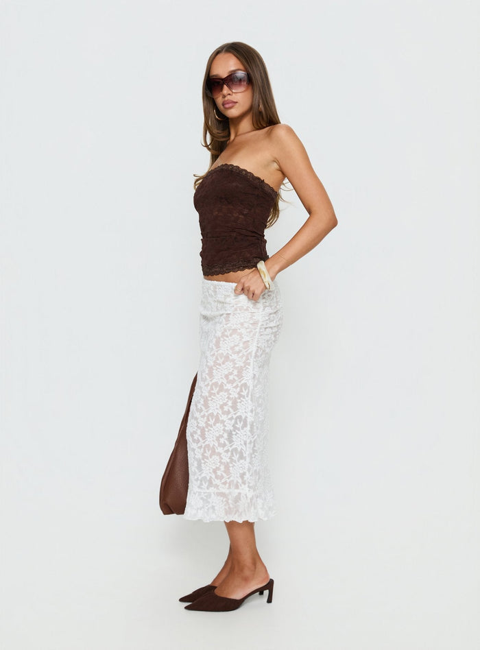 side view of model wearing Princess Polly Toscani Lace Frill Midi Skirt White Midi Skirts Skirts