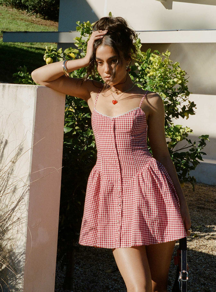 front view of model wearing Princess Polly Toulouse Mini Dress Red Gingham Scoop Neck