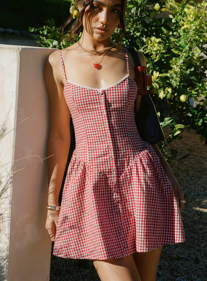 front view of model wearing Princess Polly Toulouse Mini Dress Red Gingham Scoop Neck