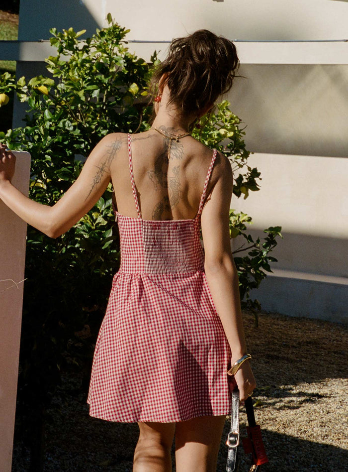 back view of model wearing Princess Polly Toulouse Mini Dress Red Gingham Scoop Neck