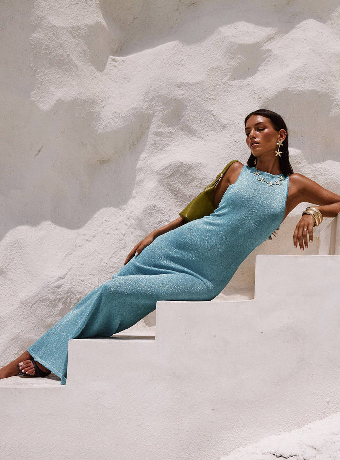 side view of model wearing Princess Polly Tourista Maxi Dress Blue Crew Neck