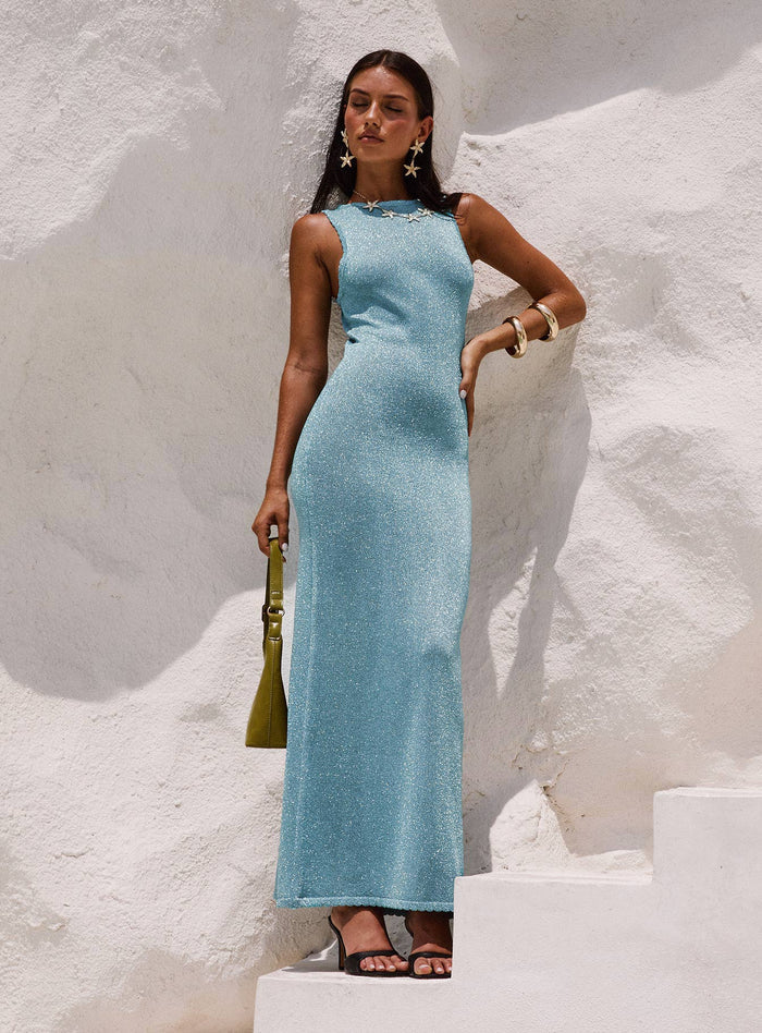 front view of model wearing Princess Polly Tourista Maxi Dress Blue Crew Neck