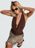 back view of model wearing Princess Polly Treat You Better Plunge Hardware Detail Top Chocolate Sleeveless Cowl
