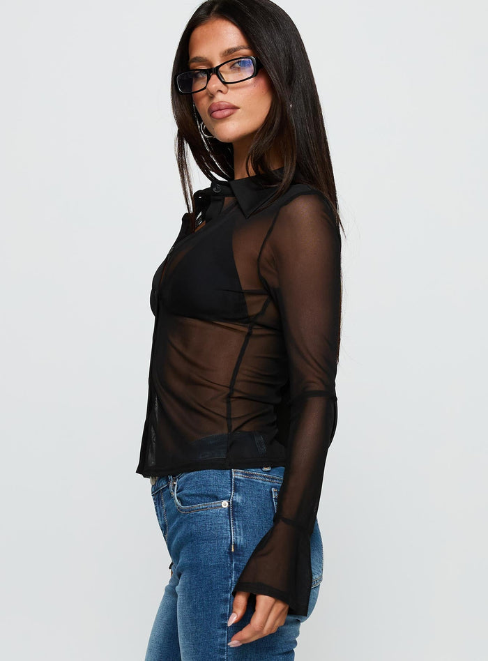 side view of model wearing Princess Polly Two Of Us Sheer Long Sleeve Top Black Full Sleeves V-Neck