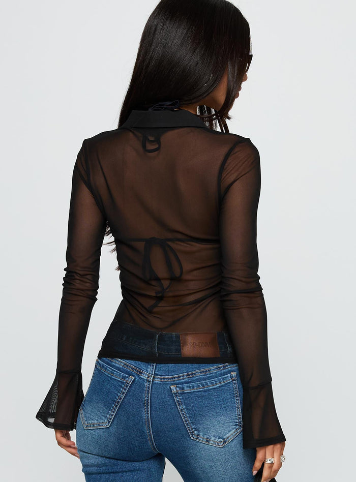 back view of model wearing Princess Polly Two Of Us Sheer Long Sleeve Top Black Full Sleeves V-Neck