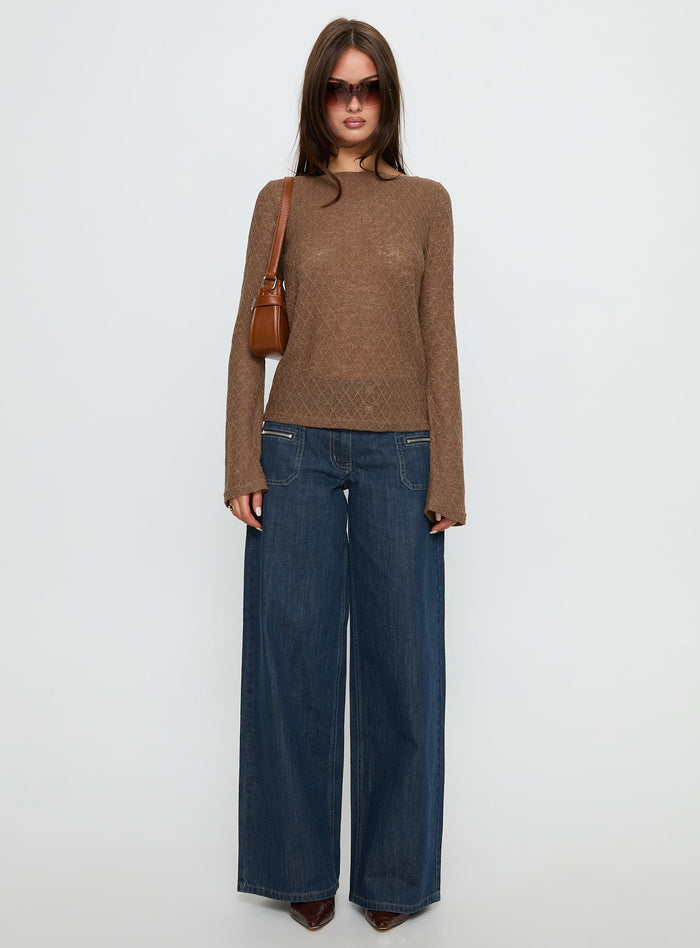 front view of model wearing Princess Polly Unwritten Mid Rise Wide Leg Jeans Dark Blue Wash Mid Rise Jeans